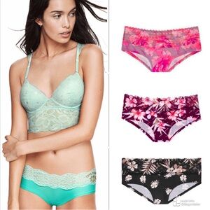 3 Victoria’s Secret Pink Panties bundle cotton PINK lace hipster neon floral